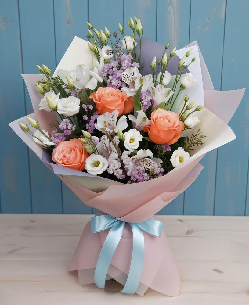 Букет цветов из: Лизиантусы, Розы, Альстромерии и Гипсофила в Гергебиле