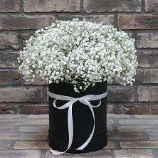 Цветочная композиция из Гипсофила в шляпной коробке в Гергебиле