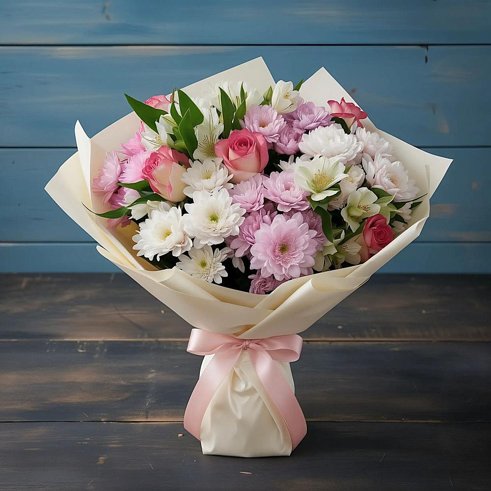 Букет цветов из: Хризантемы, Альстромерии и Розы в Гергебиле